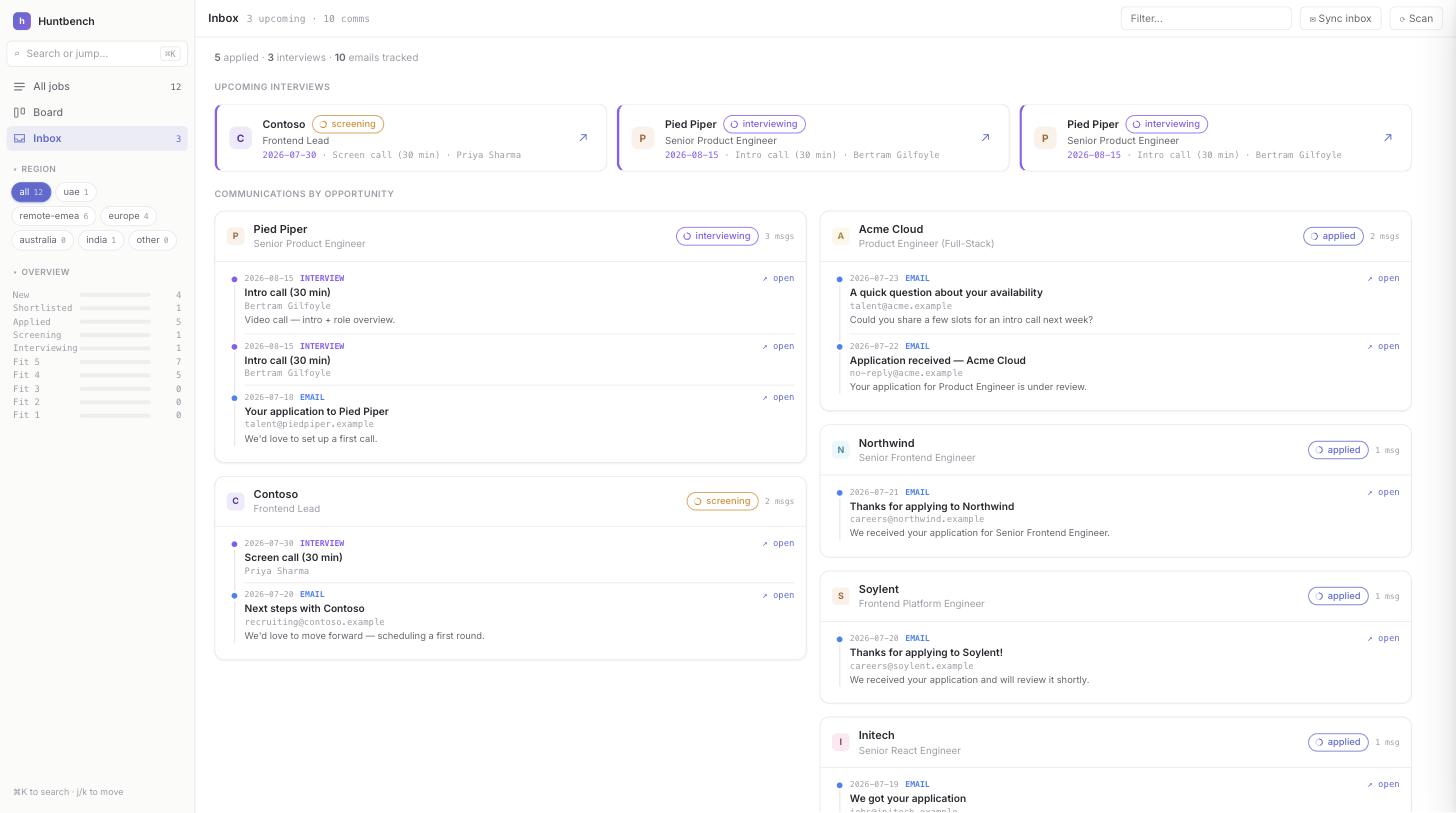 Inbox — recruiter emails grouped by opportunity