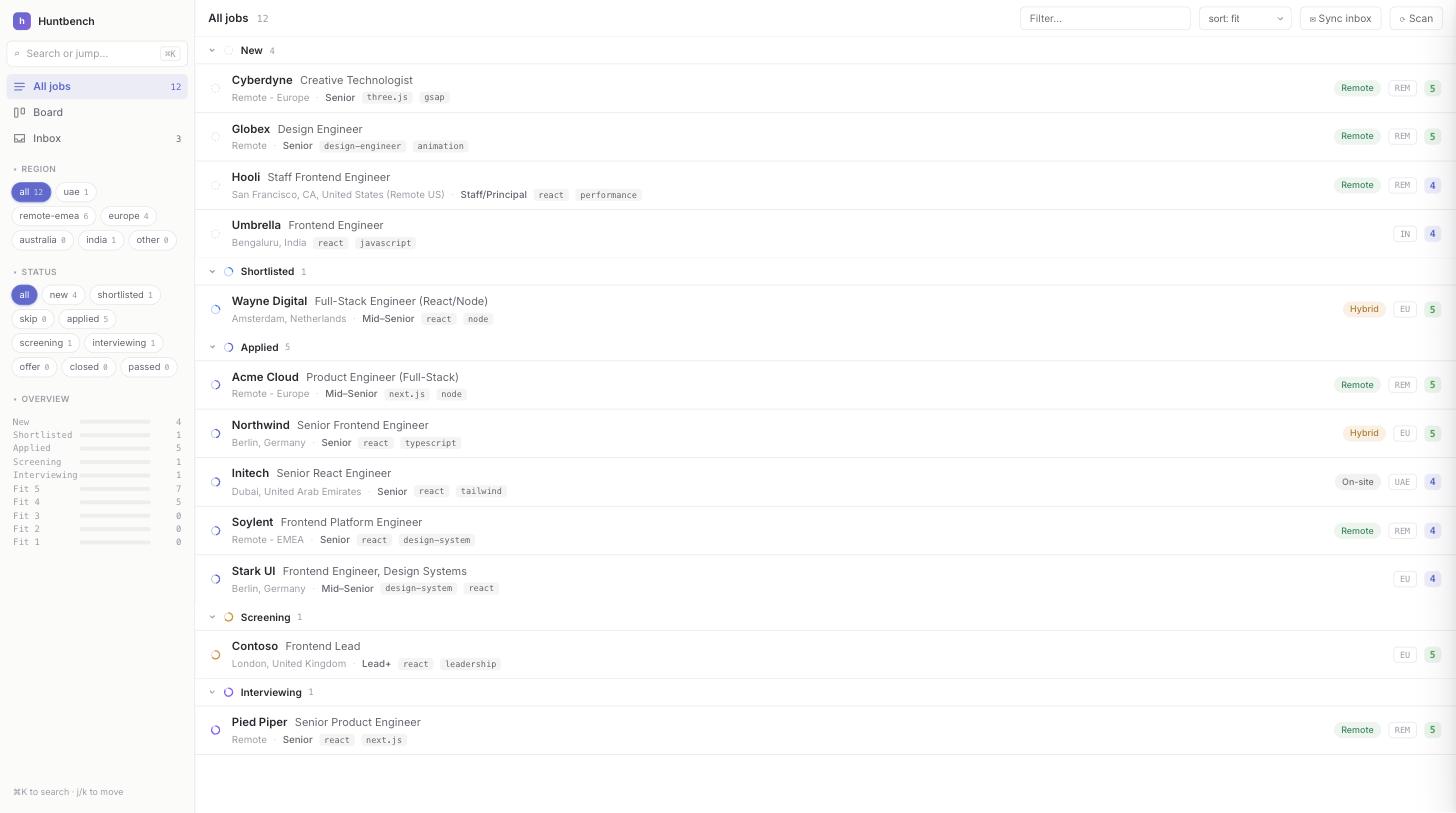 Huntbench dashboard — status-grouped job list with fit scores